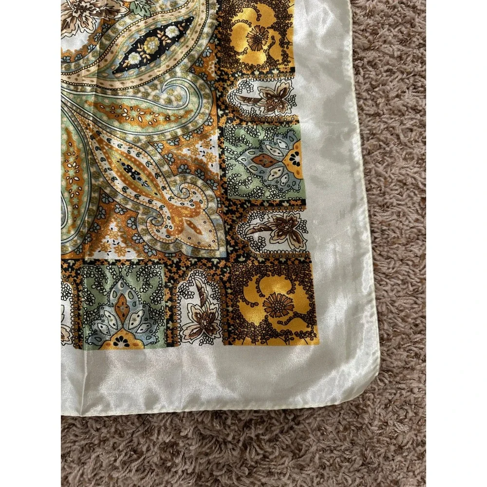 Vintage Paisley Floral Square Scarf Cream Gold Green Satin Silky Head Wrap 34in